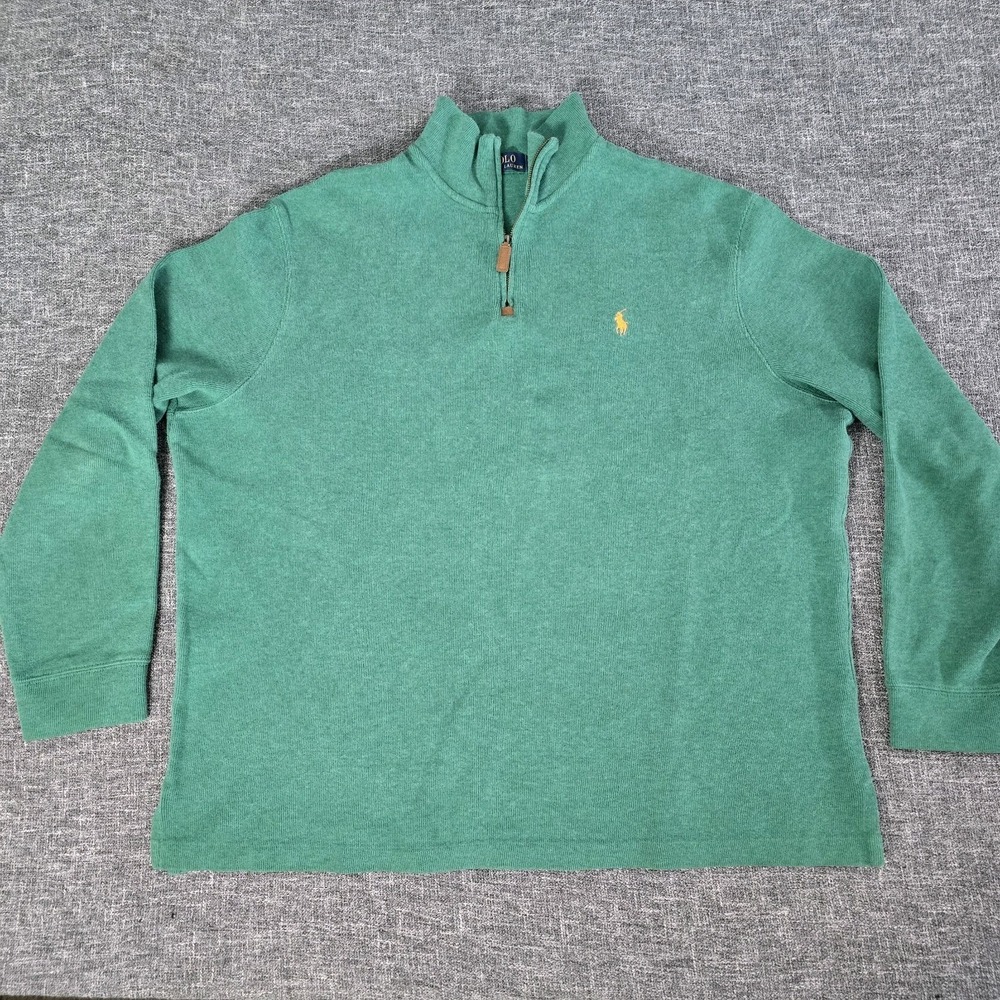 Polo Ralph Lauren Mens XL Green 1/4 Zip Cotton Pullover Sweater Yellow Pony